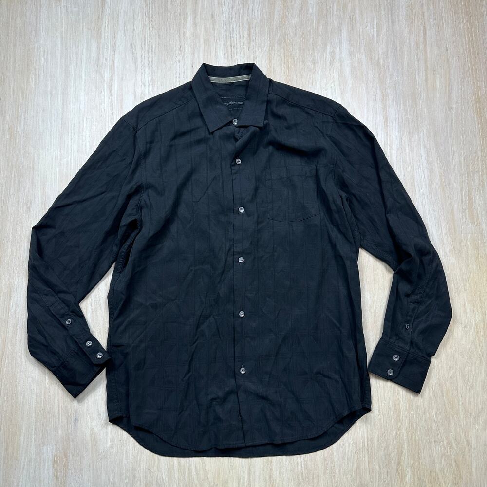Tommy Bahama Black Silk Cotton Tonal Plaid Quiet Luxury Long Sleeve Shirt M